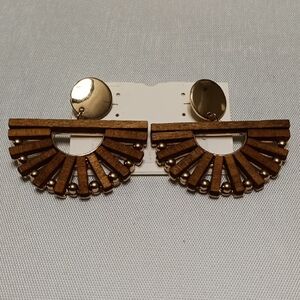 Wooden Fan-Shaped Earrings with Gold Accents